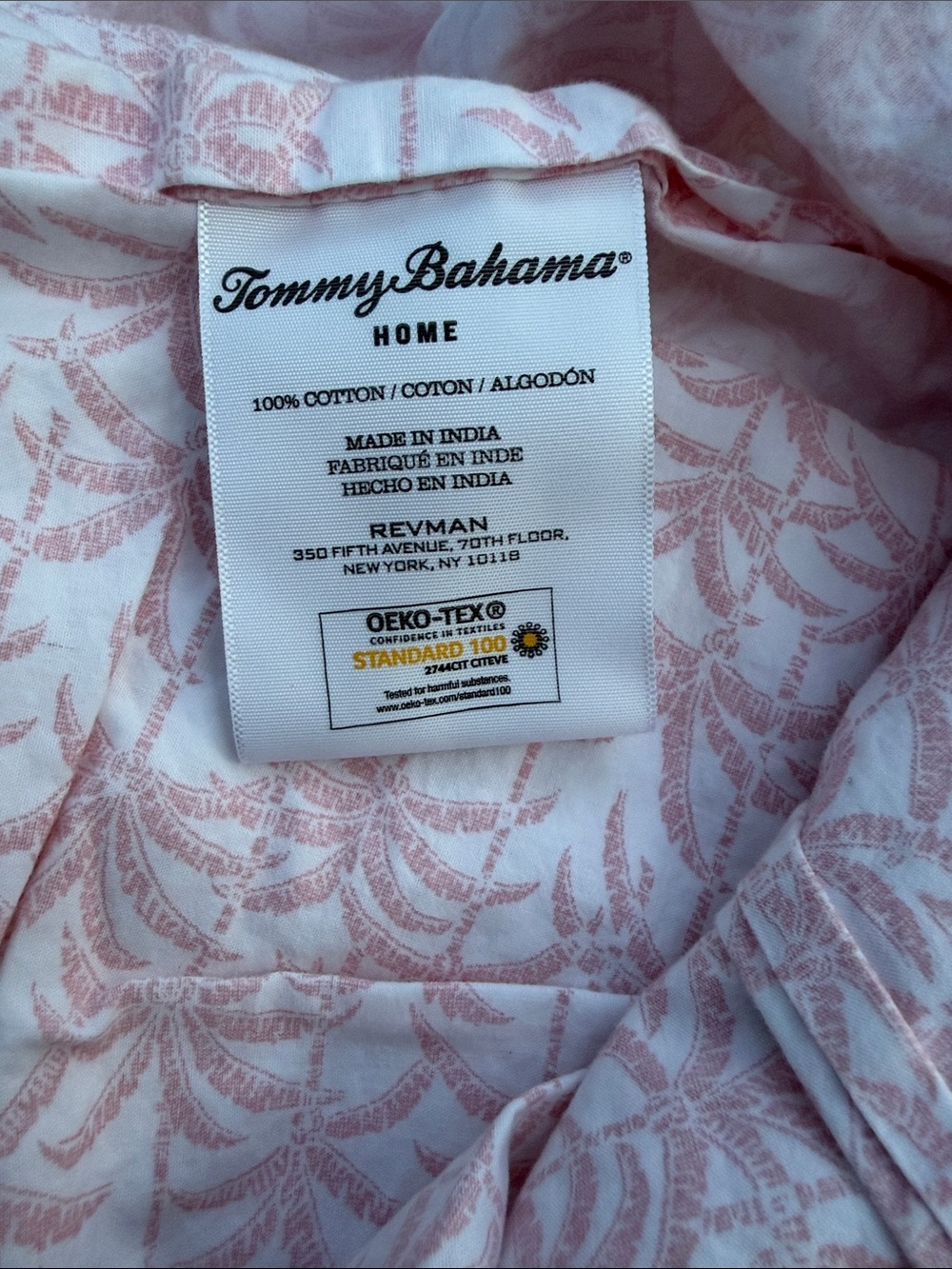 Tommy Bahama Home White and Pink Cotton king flat sheet with Subtle Palm Pattern
